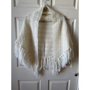 Vintage White Crochet Fringe Shawl Wrap 56” x 24” Bridal Bohemian Cottagecore